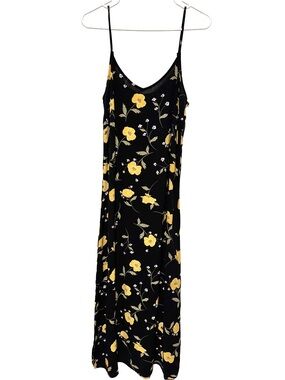 b.young Eyisole Floral Slip Dress Black Yellow Poppy Midi Viscose Boho Cottage